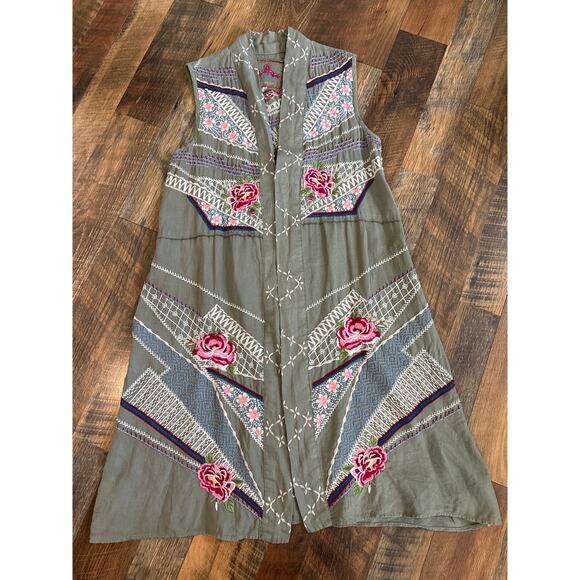 Johnny Was Sabine Novelle Vest Floral Embroidered Green Linen Long Open Sz XS - Picture 1 of 5